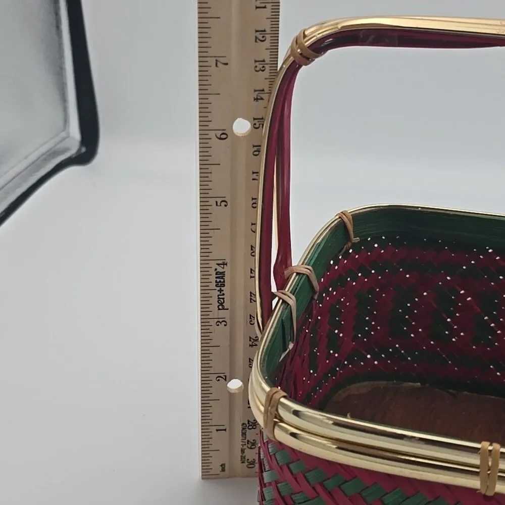 Vintage Red & Green Woven Basket Handmade 6.5